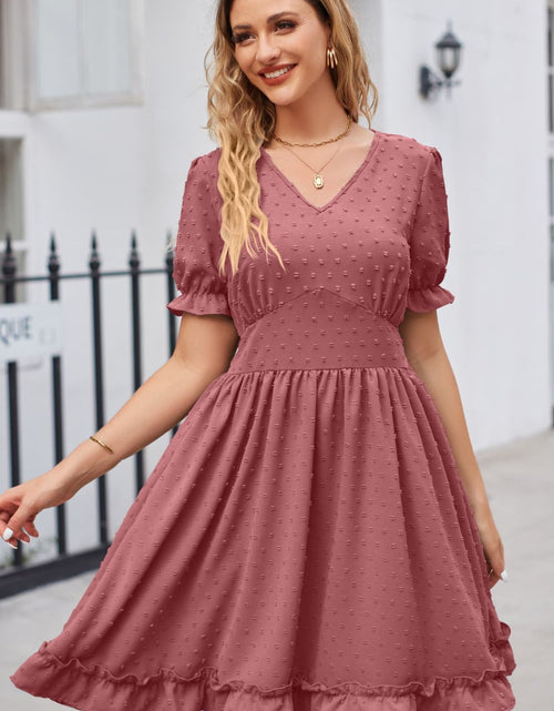 Load image into Gallery viewer, Swiss Dot Frill Trim Flounce Sleeve V-Neck Dress
