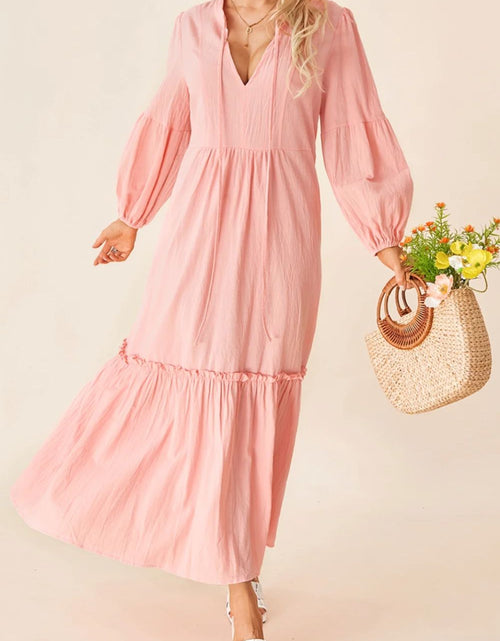 Load image into Gallery viewer, Frill Tiered Tie Neck Long Sleeve Dress
