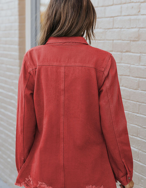 Load image into Gallery viewer, Distressed Raw Hem Snap Down Denim Jacket
