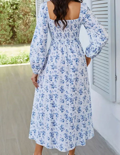 Load image into Gallery viewer, Slit Smocked Floral Square Neck Balloon Sleeve Midi Dress
