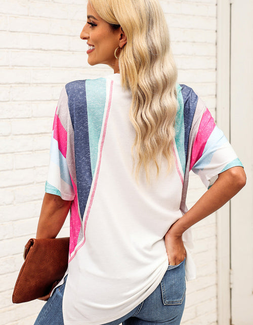 Load image into Gallery viewer, Rainbow Stripe Slit V-Neck Tee
