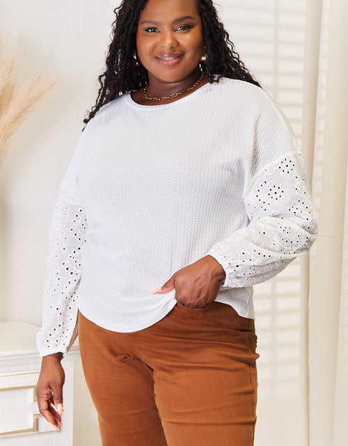 Load image into Gallery viewer, Shiny Eyelet Dropped Shoulder Round Neck Blouse
