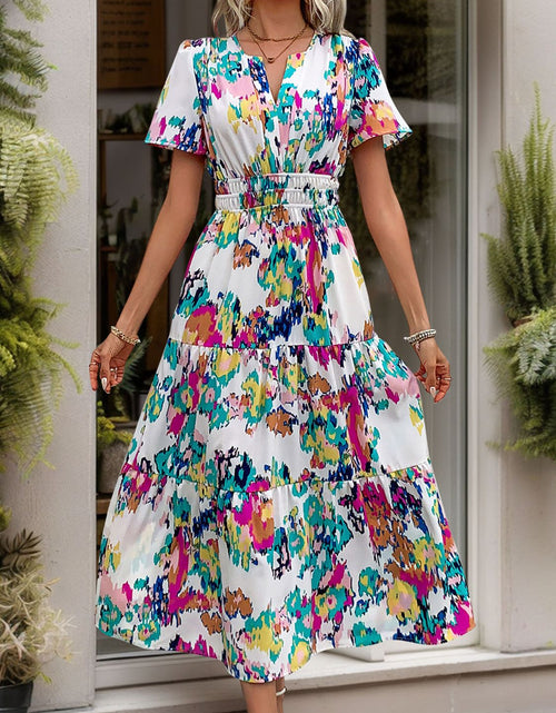 Load image into Gallery viewer, Perfee Printed Notched Short Sleeve Midi Dress
