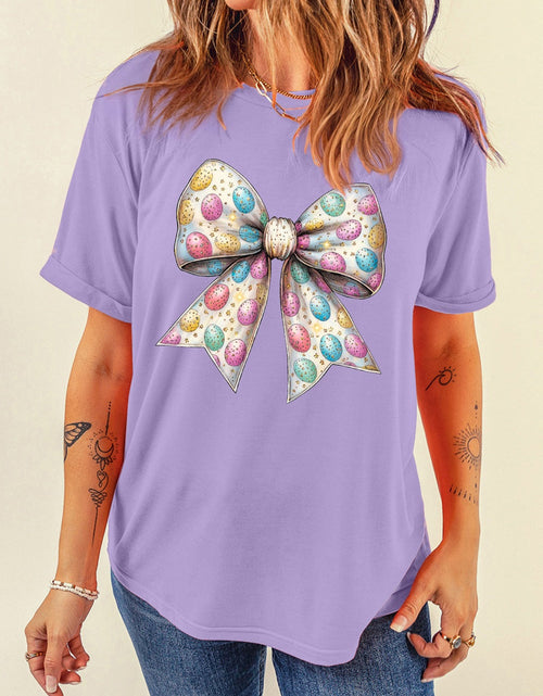 Load image into Gallery viewer, Bow Graphic Round Neck Short Sleeve T-Shirt

