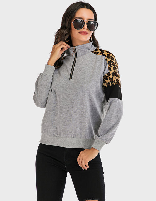 Load image into Gallery viewer, Perfee Contrast Leopard Half Zip Long Sleeve Sweatshirt
