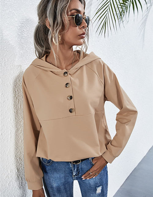 Load image into Gallery viewer, Buttoned Raglan Sleeve Hooded Blouse
