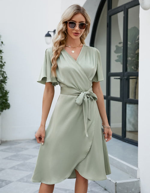 Load image into Gallery viewer, Tie Waist Flutter Sleeve Surplice Dress
