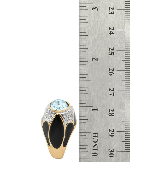 Load image into Gallery viewer, Vintage Ring 1980s Black Enamel Ring with Ruby Cabochon Stone Surrounded by Clear Crystals (6) by PVD Vintage Jewelry
