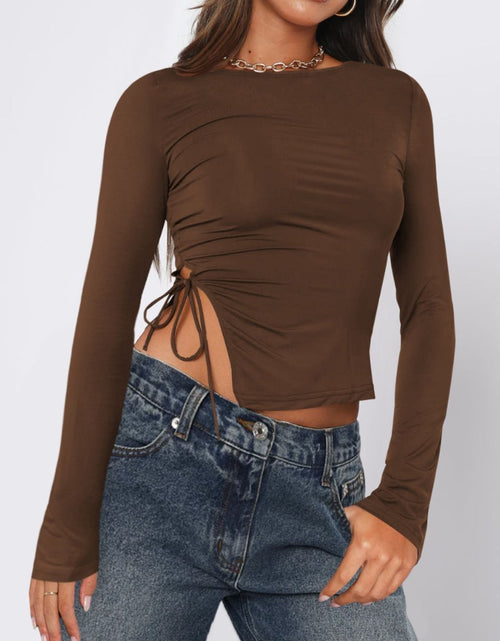 Load image into Gallery viewer, Tied Slit Round Neck Long Sleeve T-Shirt
