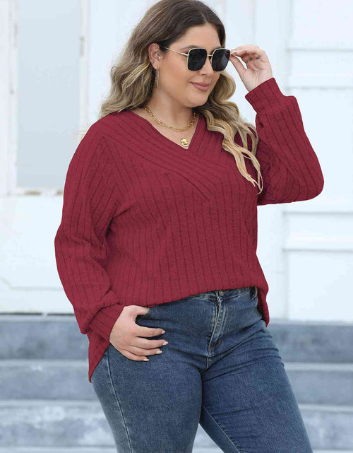 Load image into Gallery viewer, Plus Size Ribbed V-Neck Long Sleeve Top
