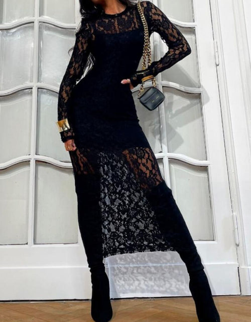 Load image into Gallery viewer, Lace Round Neck Long Sleeve Midi Dress
