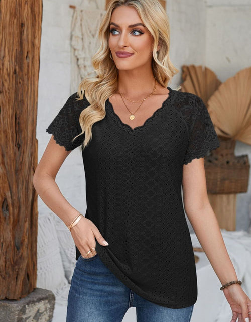 Load image into Gallery viewer, Eyelet V-Neck Lace Short Sleeve T-Shirt
