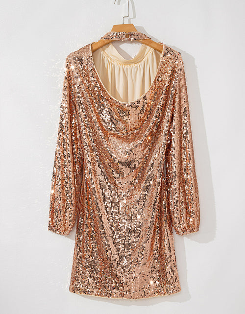 Load image into Gallery viewer, Backless Sequin Mock Neck Long Sleeve Mini Dress
