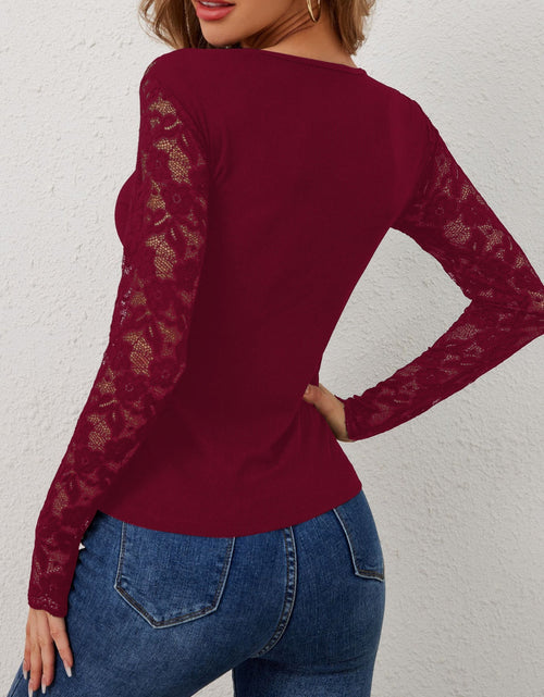 Load image into Gallery viewer, Lace Wavy Hem V-Neck Long Sleeve Top
