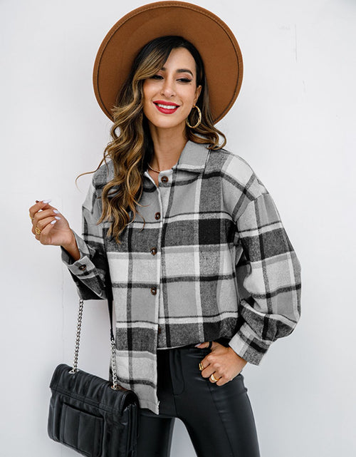 Load image into Gallery viewer, Shiny Plaid Button Up Collared Neck Jacket
