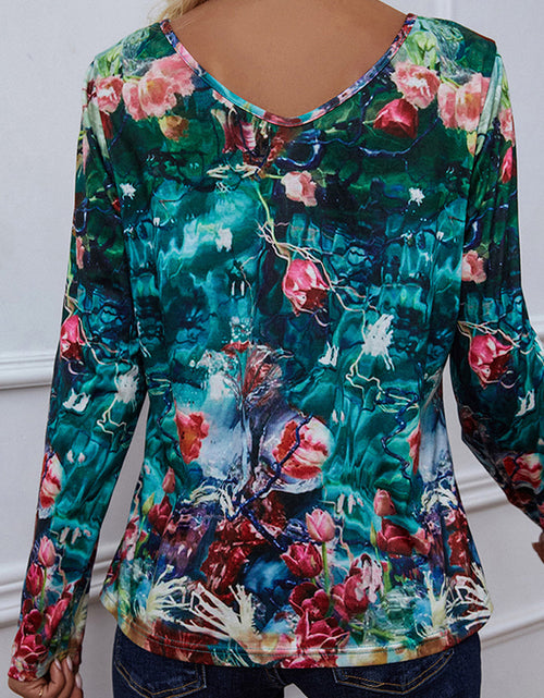 Load image into Gallery viewer, Shiny Printed V-Neck Long Sleeve Blouse
