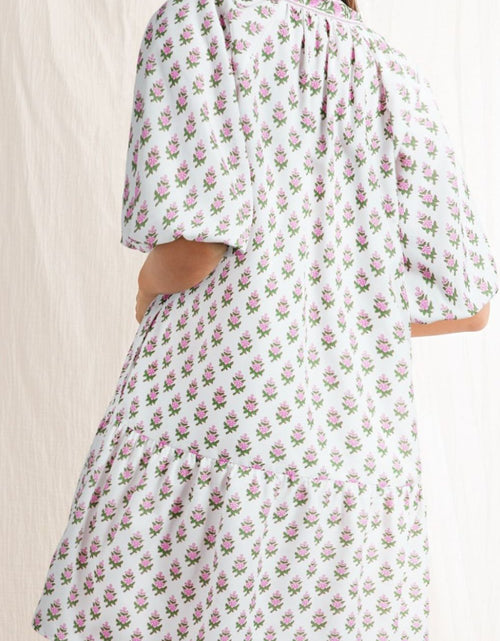 Load image into Gallery viewer, Floral Print Puff Sleeve Tie Neck Ruffled Hem Dress
