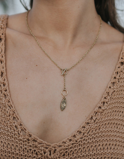Load image into Gallery viewer, Ruchi Crescent Moon Charm Gold Dainty Drop Lariat Necklace by Matr Boomie
