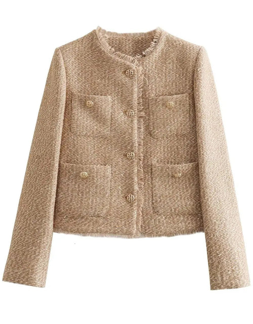 Load image into Gallery viewer, Raw Hem Pocketed Round Neck Jacket
