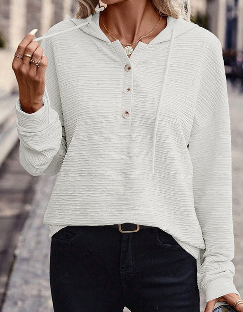 Load image into Gallery viewer, Drawstring Quarter Button Long Sleeve Hoodie
