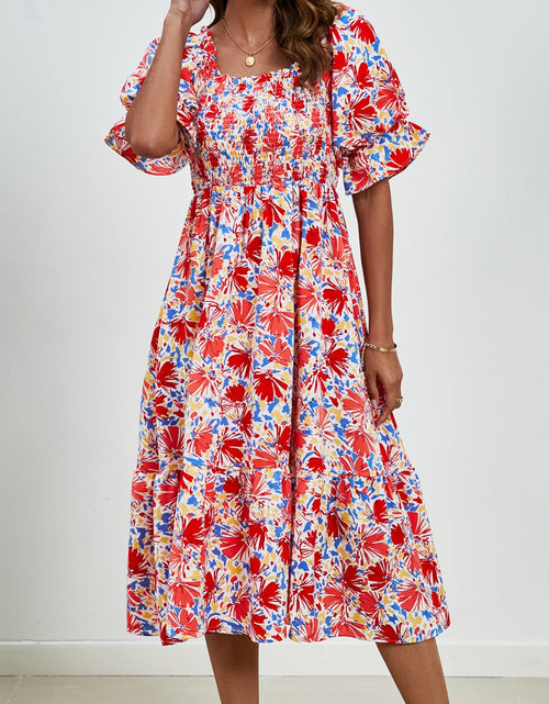 Load image into Gallery viewer, Smocked Floral Square Neck Short Sleeve Dress
