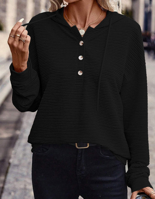 Load image into Gallery viewer, Drawstring Quarter Button Long Sleeve Hoodie
