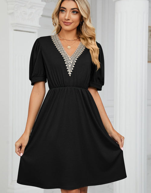 Load image into Gallery viewer, Contrast V-Neck Puff Sleeve Pocket Dress
