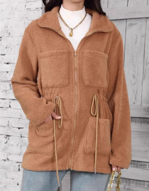 Load image into Gallery viewer, Drawstring Zip Up Long Sleeve Outerwear
