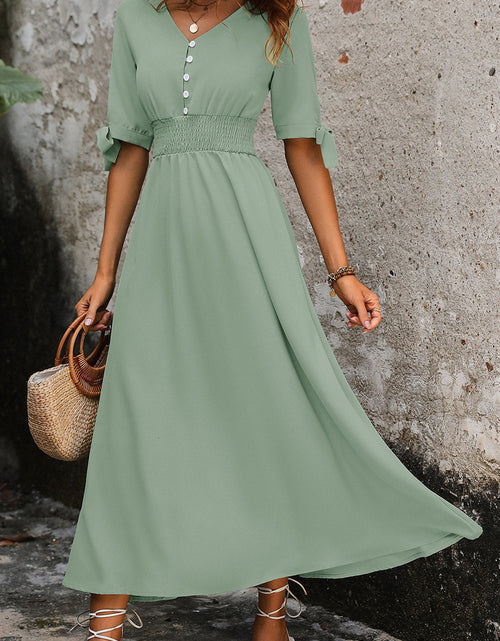 Load image into Gallery viewer, Perfee Smocked Quarter Button Short Sleeve Dress
