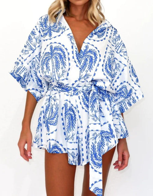 Load image into Gallery viewer, Printed Tie Waist Half Sleeve Romper
