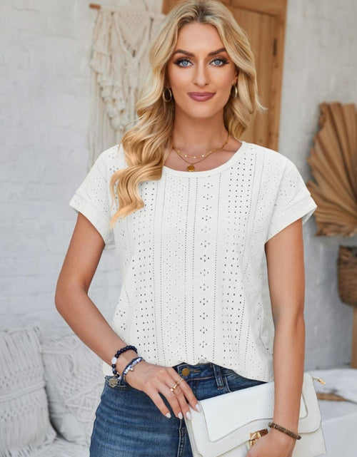 Load image into Gallery viewer, Eyelet Round Neck Rolled Short Sleeve T-Shirt
