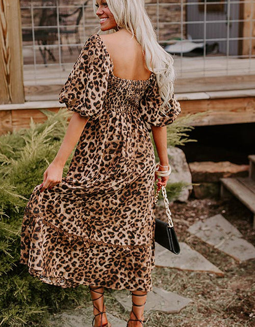 Load image into Gallery viewer, Leopard Square Neck Puff Sleeve Maxi Dress
