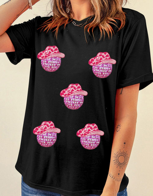 Load image into Gallery viewer, Cowboy Hat Disco Ball Patched Round Neck T-Shirt

