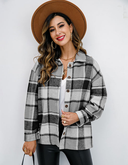Load image into Gallery viewer, Shiny Plaid Button Up Collared Neck Jacket
