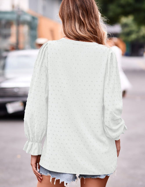 Load image into Gallery viewer, Swiss Dot Notched Neck Flounce Sleeve Blouse
