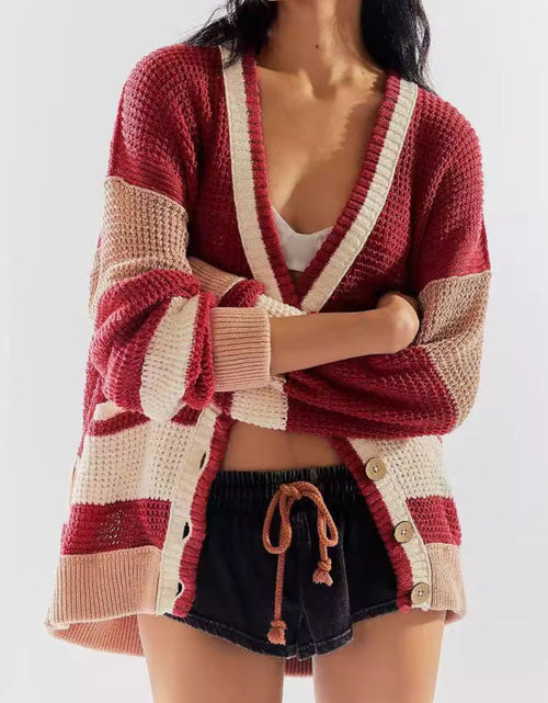 Load image into Gallery viewer, Pocketed Contrast V-Neck Long Sleeve Cardigan
