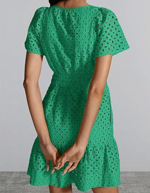 Load image into Gallery viewer, Eyelet Notched Short Sleeve Mini Dress
