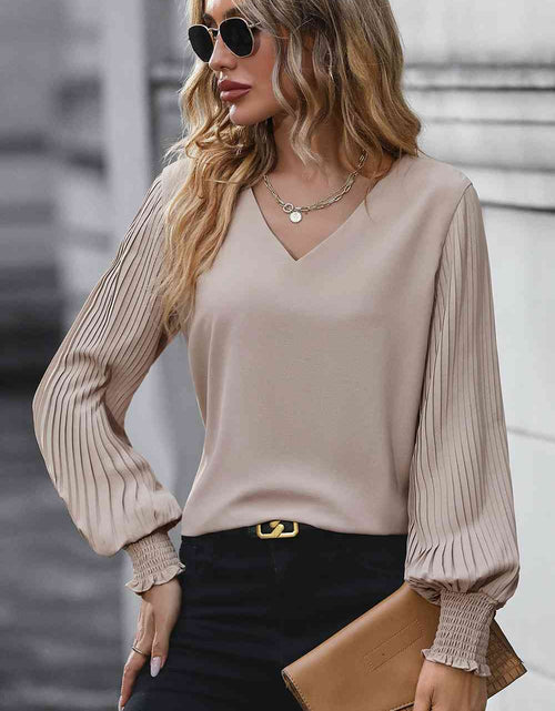 Load image into Gallery viewer, Pleated Lantern Sleeve V-Neck Blouse
