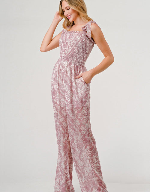 Load image into Gallery viewer, GeeGee Printed Tie Shoulder Wide Leg Jumpsuit
