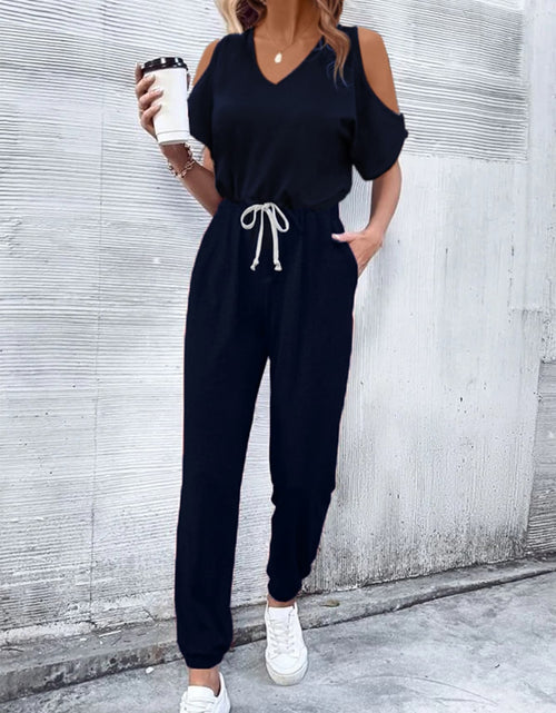 Load image into Gallery viewer, V-Neck Cold-Shoulder Jumpsuit with Pockets
