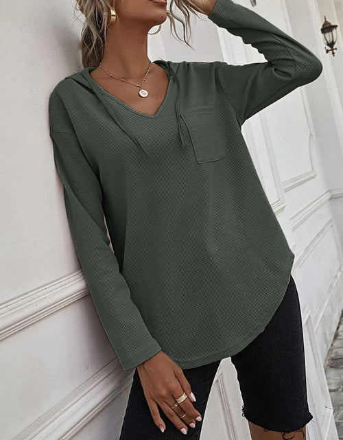 Load image into Gallery viewer, Drawstring Waffle Knit Long Sleeve Hooded Top
