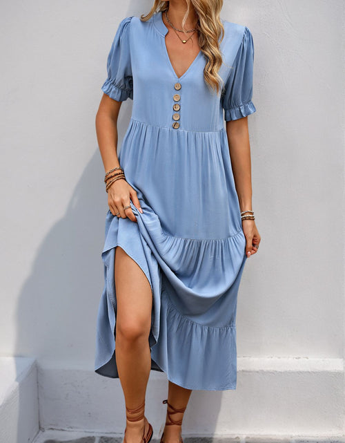 Load image into Gallery viewer, Perfee Decorative Button Notched Short Sleeve Midi Dress
