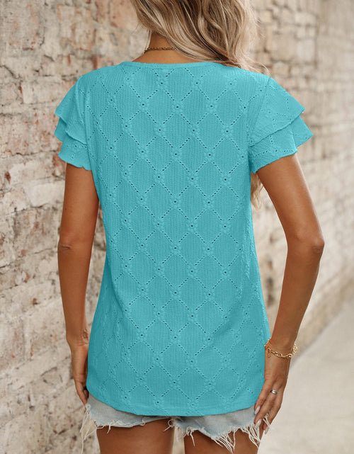 Load image into Gallery viewer, Eyelet Round Neck Double Layered Ruffled Short Sleeve Top
