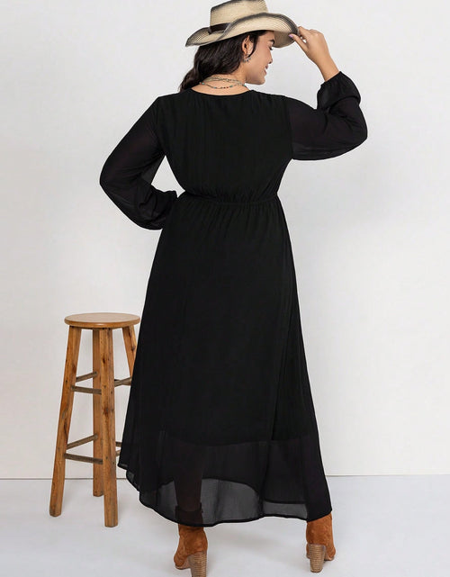 Load image into Gallery viewer, Plus Size Embroidered Tie Neck Long Sleeve Dress
