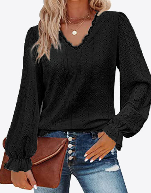 Load image into Gallery viewer, Eyelet V-Neck Flounce Sleeve Blouse
