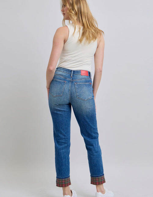 Load image into Gallery viewer, Judy Blue Full Size Plaid Print Cuff Straight Leg Jeans with Pockets
