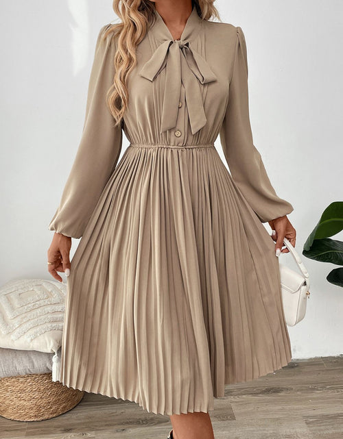 Load image into Gallery viewer, Perfee Pleated Tie Neck Long Sleeve Dress
