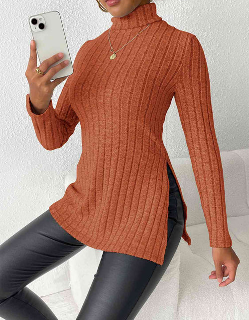 Load image into Gallery viewer, Ribbed Turtleneck Long Sleeve Slit T-Shirt
