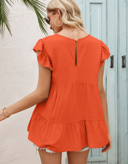 Load image into Gallery viewer, Ivy Lane Round Neck Flutter Sleeve Tiered Blouse
