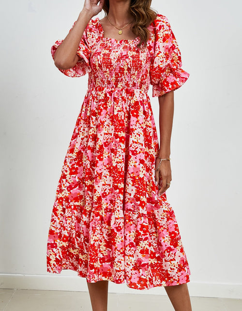 Load image into Gallery viewer, Smocked Floral Square Neck Short Sleeve Dress
